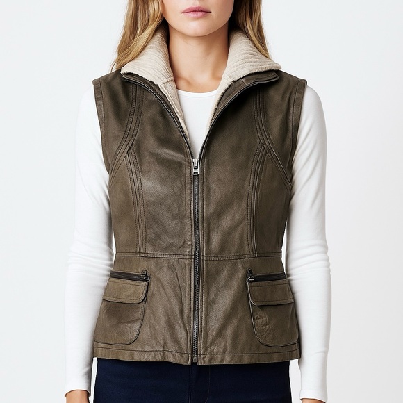 Jakett New York Courtney Hooded Olive Leather Boho Vest Removable Sweater Trim - Picture 1 of 15